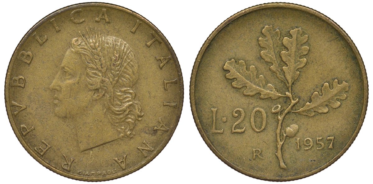 Италия 20 лир 1957 R, дубовая ветвь KM 97.1 алюминиевая бронза 4128-1241