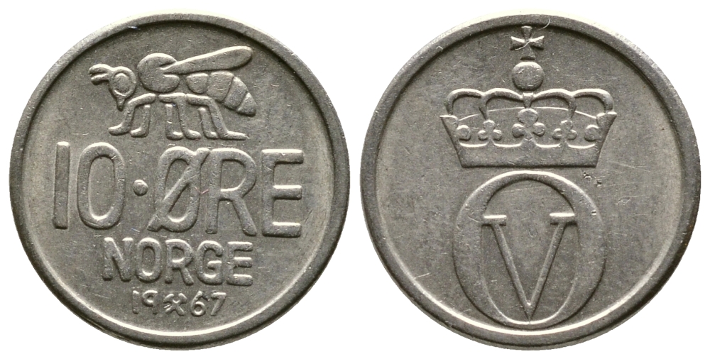 Норвегия 10 эре 1967 пчела, Улаф V (1958-1991) KM 411 медно-никель 220-453