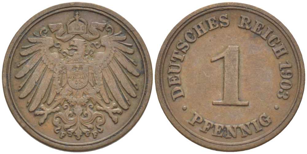 ГЕРМАНИЯ 1 ПФЕННИГ 1903 F KM 10, J. 10, Weege 2 медь 211-311