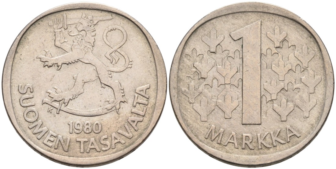 ФИНЛЯНДИЯ 1 МАРКА 1980 K KM 49a медно-никель 4563-525