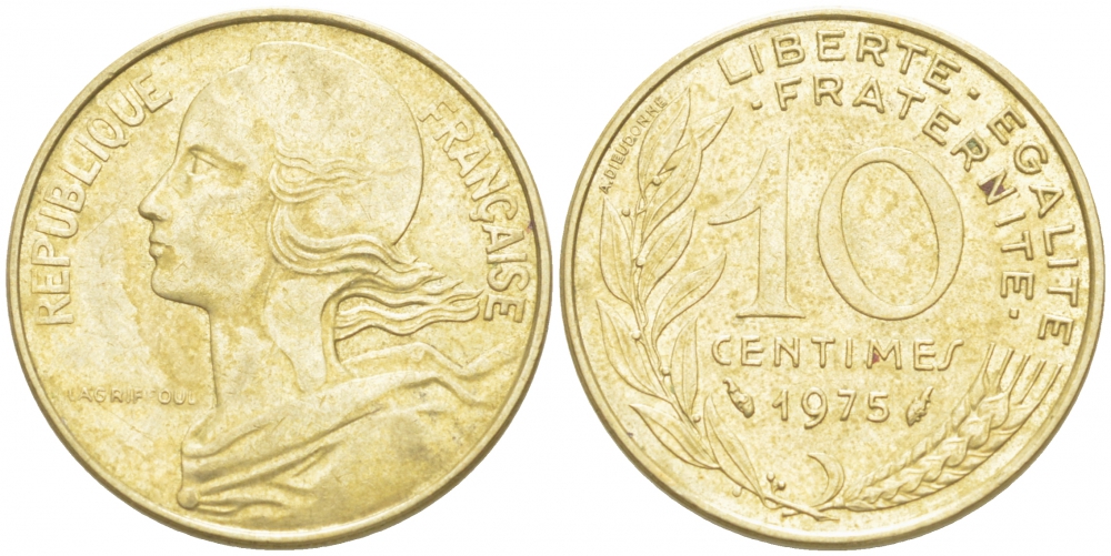 ФРАНЦИЯ 10 САНТИМОВ 1975 ТИП MARIANNE KM 929 медь алюминий никель 4516-845