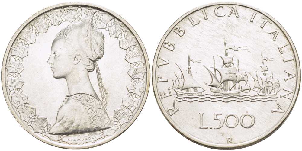 Италия 500 лир 1959 R, корабли Колумба KM 98 серебро 59-1515
