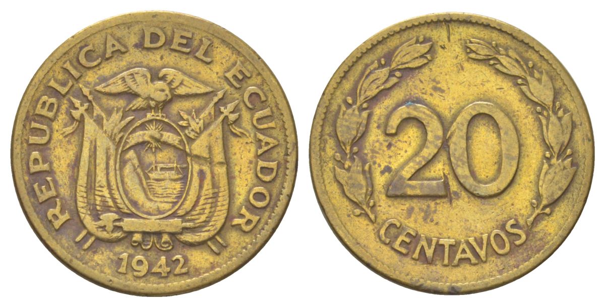 Эквадор 20 сентаво 1942 KM 77.1a латунь 4627-858