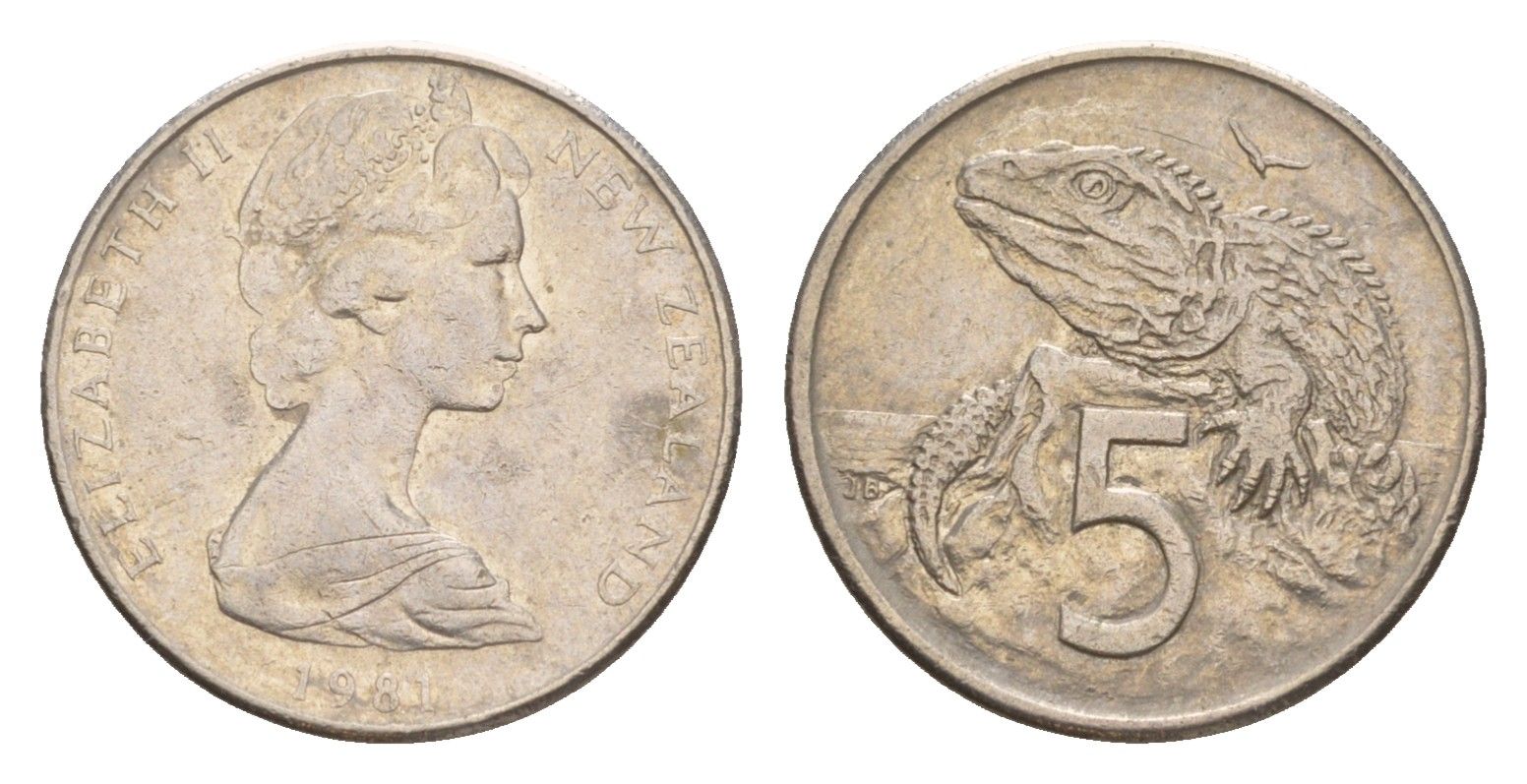 Новая Зеландия 5 центов 1981 Елизавета II (1952-2022), ящерица гаттерия KM 34.1 медно-никель 4178-345