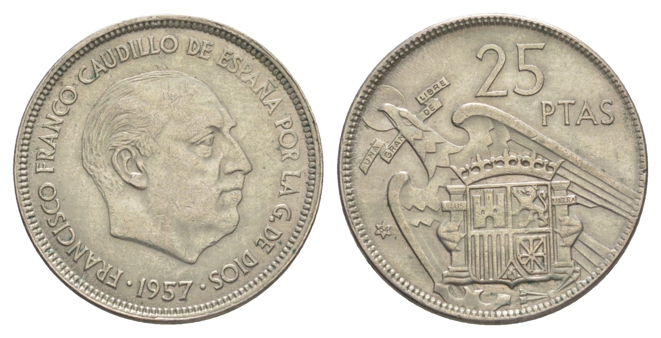 Испания 25 песет 1957 (64) Франсиско Франко (1939-1975) KM 787 медно-никель 4616-134