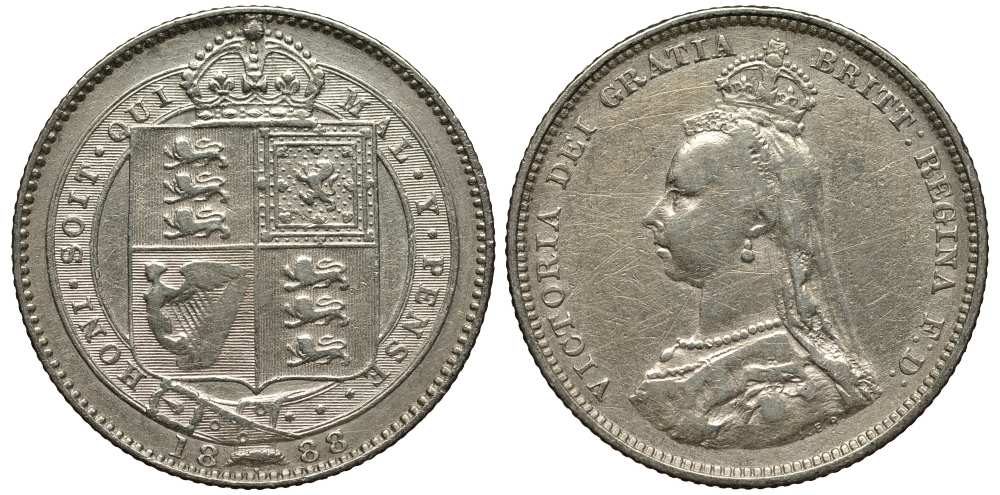 Великобритания 1 шиллинг 1888 Виктория (1837-1901) KM 761, Spink 3926 серебро 1518-1245