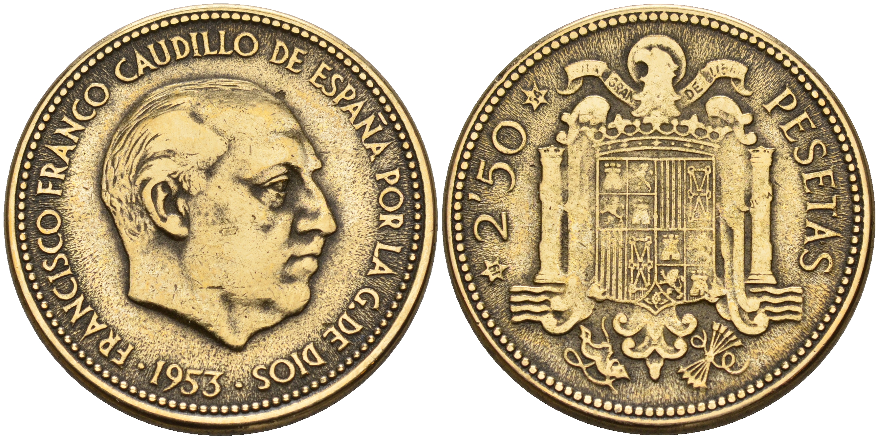 Испания 2 1/2 песеты 1953 (54) Франциско Франко (1939-1975) KM 785 алюминиевая бронза    4161-646