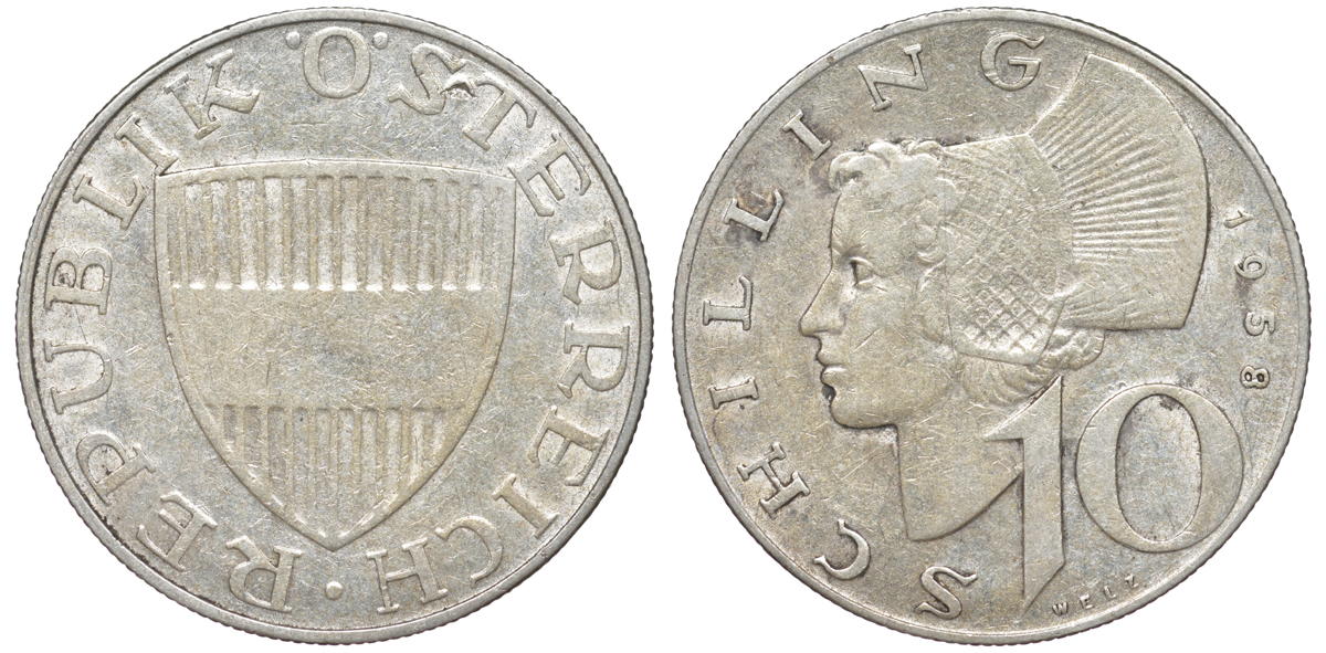 Австрия 10 шиллингов 1958 KM 2882 серебро 4178-1135