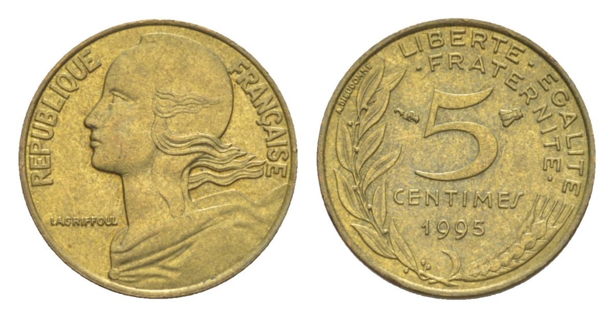 Франция 5 сантимов 1995 тип Morlon KM 933, Le Franc 125.37 алюминиевая бронза 4630-347