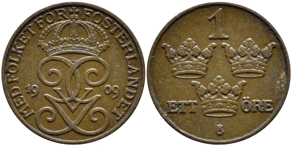 Швеция 1 эре 1909 Густав V (1907-1950) KM 777.2 бронза 4396-165