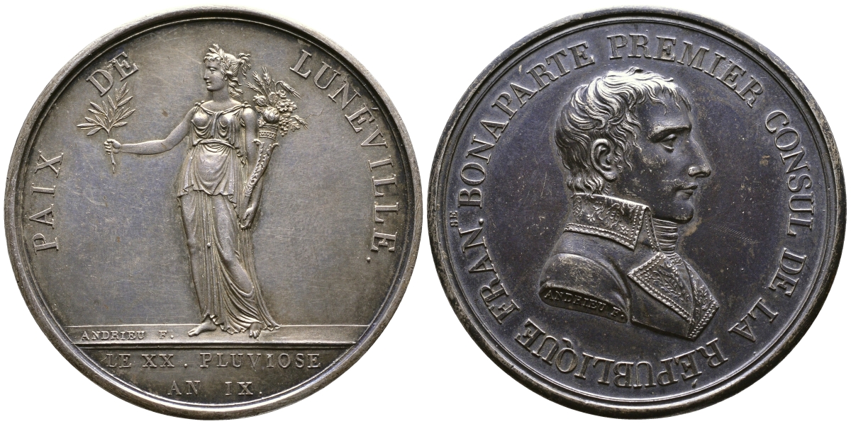 Франция медаль 1801 Наполеон Бонапарт первый консул Французской республики, Люневильский мир от 9 февраля 1801, 42,00 мм, 31,20 гр.. Slg. Julius 905 серебро 00-00