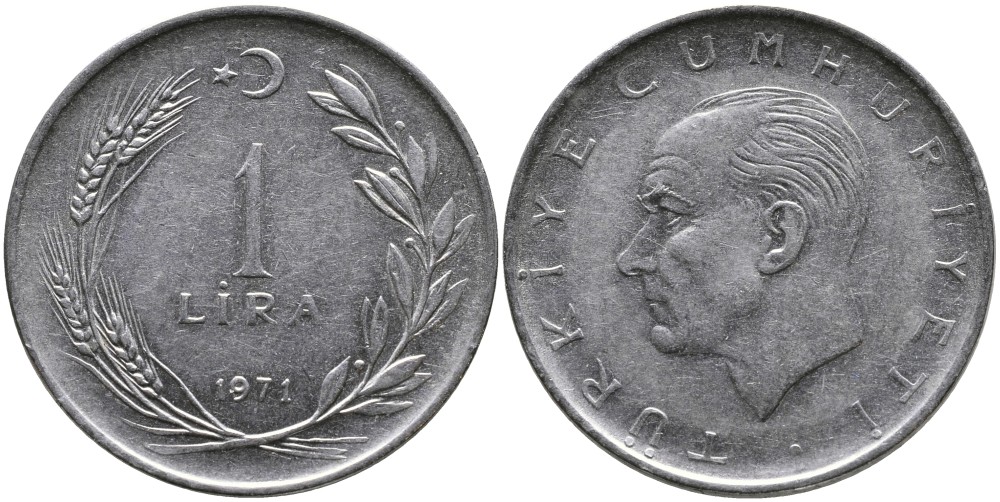 Турция 1 лира 1971 Мустафа Кемаль Ататюрк KM 889а.2 нержавеющая сталь 4364-3113