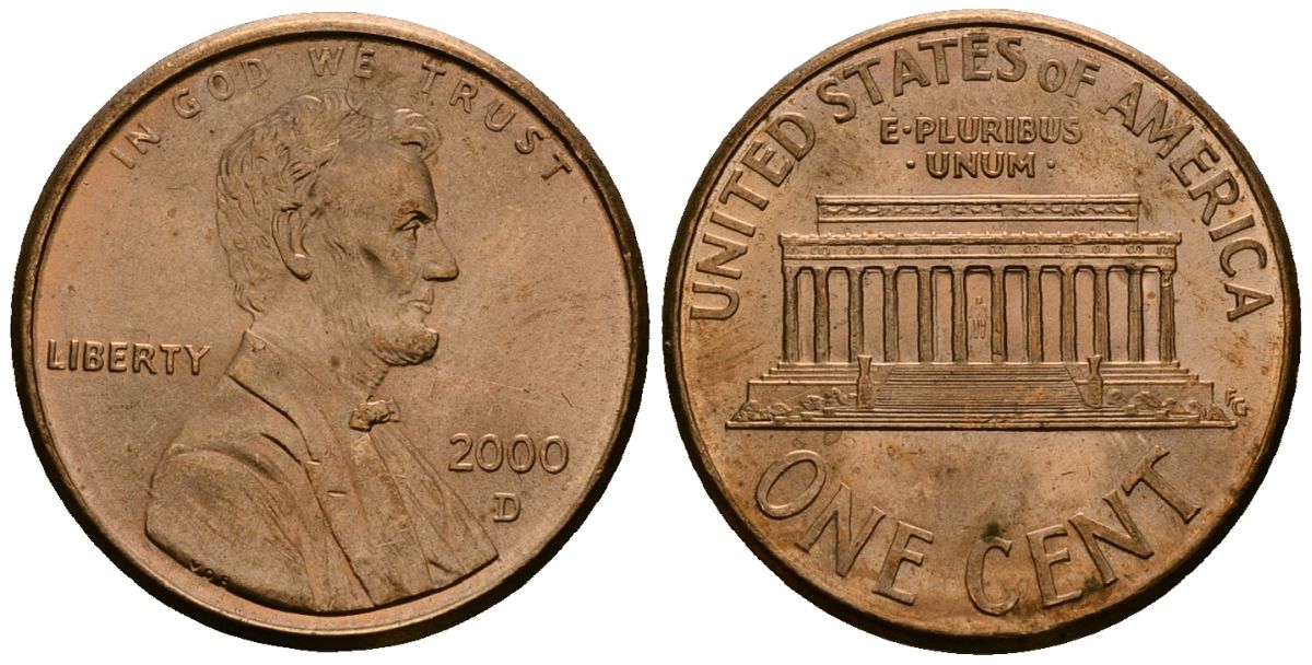 США 1 цент 2000 D, Линкольн KM 201b цинк плакированный медью 4136-365