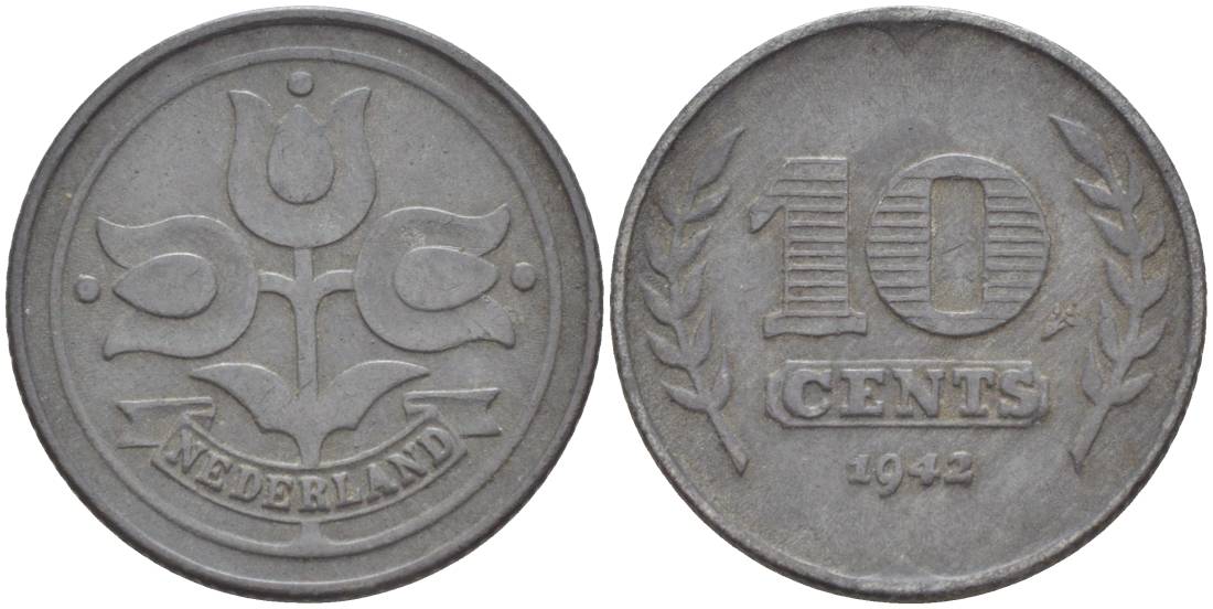 НИДЕРЛАНДЫ 10 ЦЕНТОВ 1942 ВИЛЬГЕЛЬМИНА I (1891-1948), ГЕРМАНСКАЯ ОККУПАЦИЯ, ВТОРАЯ МИРОВАЯ ВОЙНА KM 173 цинк 4548-836