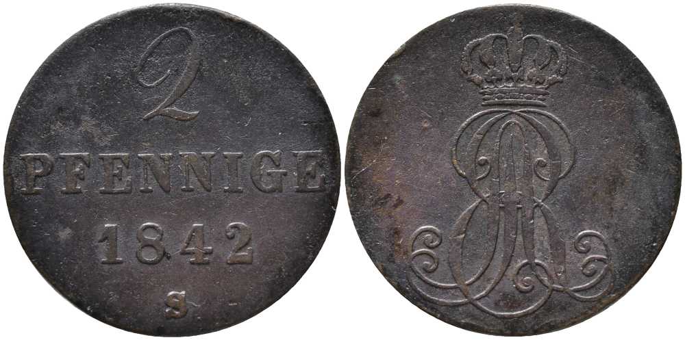 Ганновер 2 пфеннига 1842 В, Эрнст Август (1837-1851) KM 174.2 медь 4448-1046