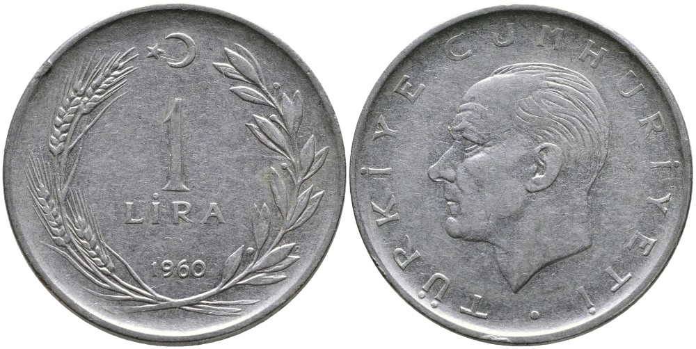 Турция 1 лира 1960 Мустафа Кемаль Ататюрк KM 889а.1 нержавеющая сталь 4541-236