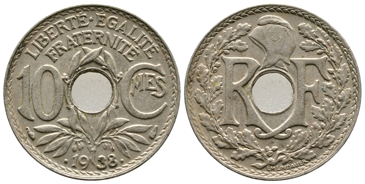 ФРАНЦИЯ 10 САНТИМОВ 1938 ТИП ЛИНДАЙЁ .1938. KM 889.1, LE FRANC 139.3 никель бронза 4364-1342