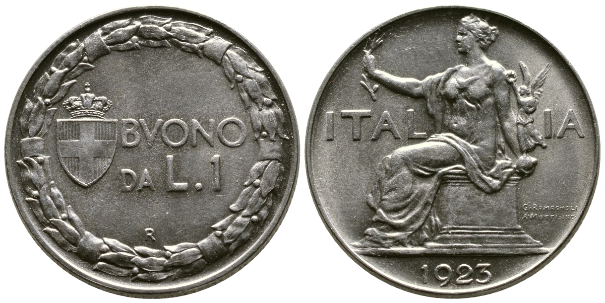 ИТАЛИЯ 1 ЛИРА 1923 R, ВИКТОР ИМАНУИЛ III KM 62 никель 51-1531