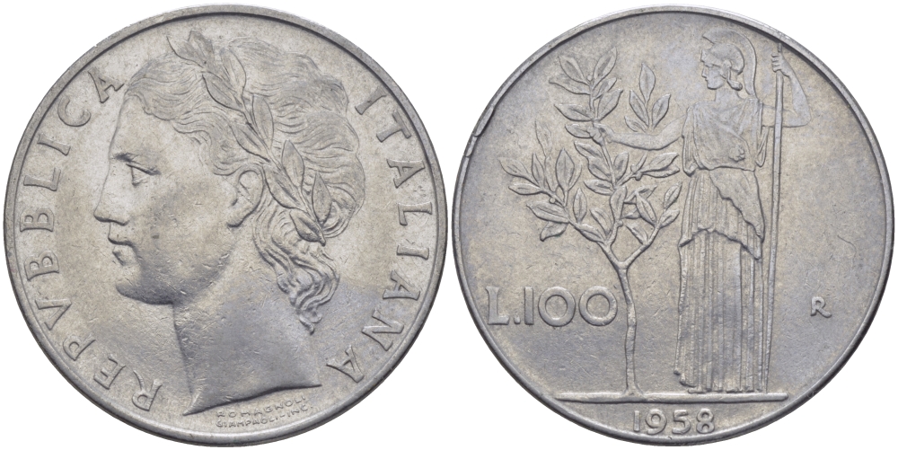 ИТАЛИЯ 100 ЛИР 1958 R, АФИНА KM 96.1 нержавеющая сталь 97-1031