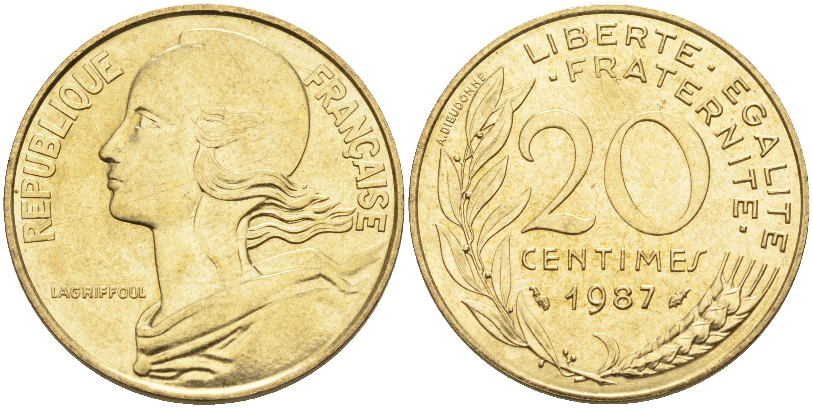 Франция 20 сантимов 1987 тип Марианна KM 930 медь алюминий никель 4116-543