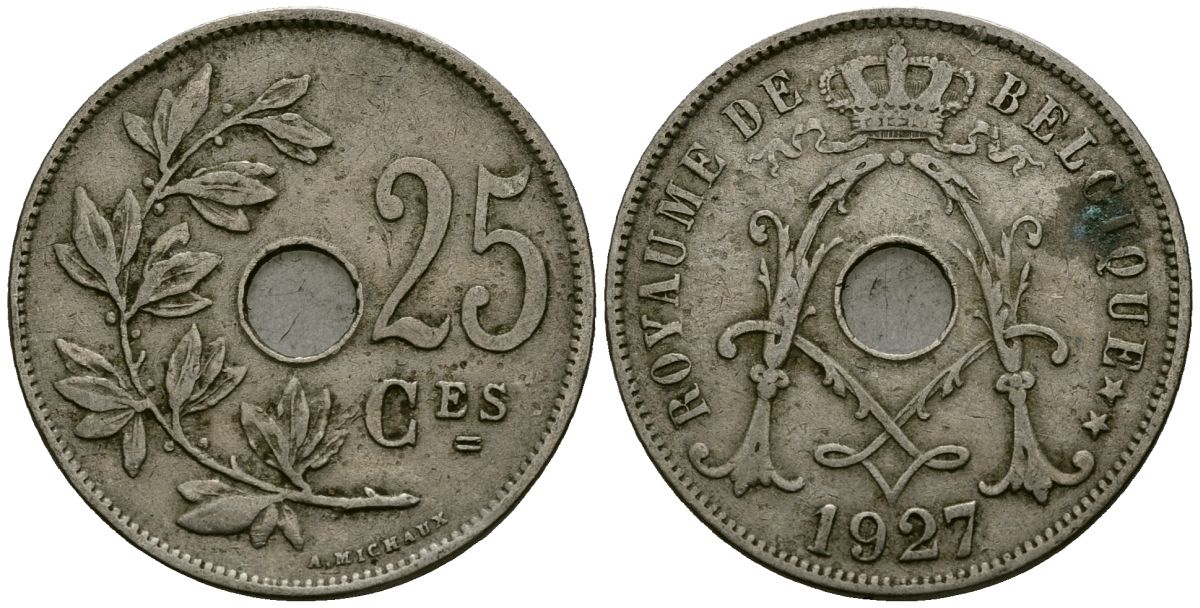 Бельгия 25 сантимов 1927 Belgique KM 68 медно-никель 4165-534