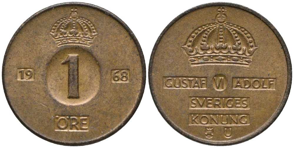 Швеция 1 эре 1968 U, Густав VI Адольф (1950-1973) KM 820 бронза 201-1158