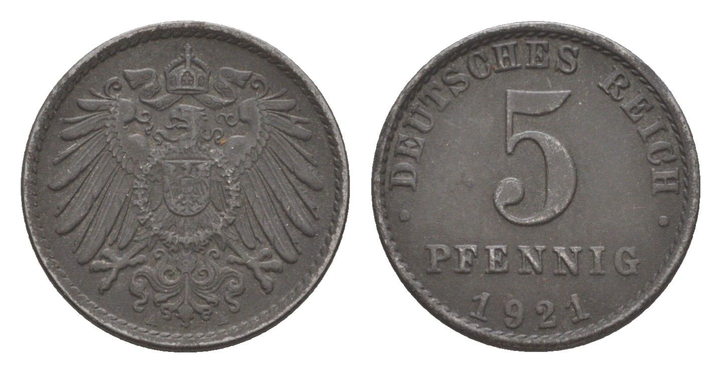 Германия 5 пфеннигов 1921 A KM 19, J. 297 железо плакированное цинком 4644-1124