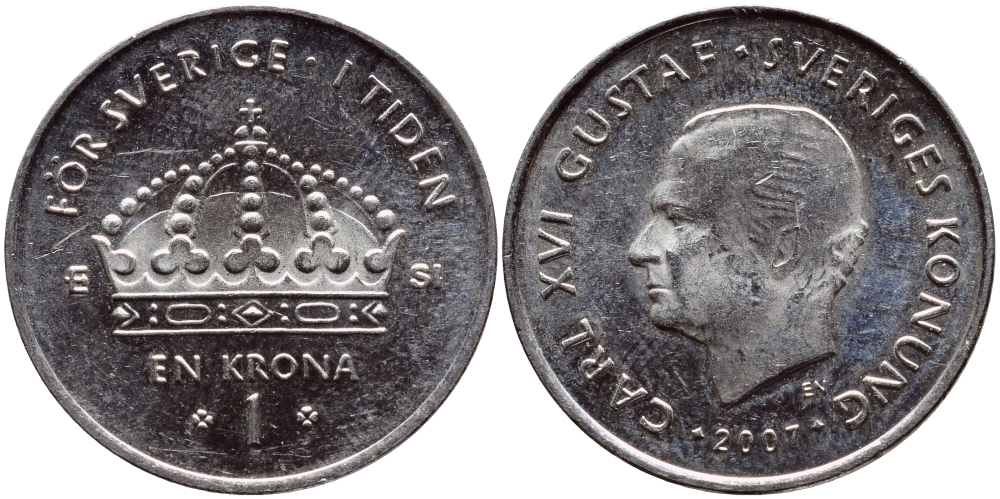 Швеция 1 крона 2007 Карл XVI Густав (1973- ) KM 894 медно-никель 93-1112