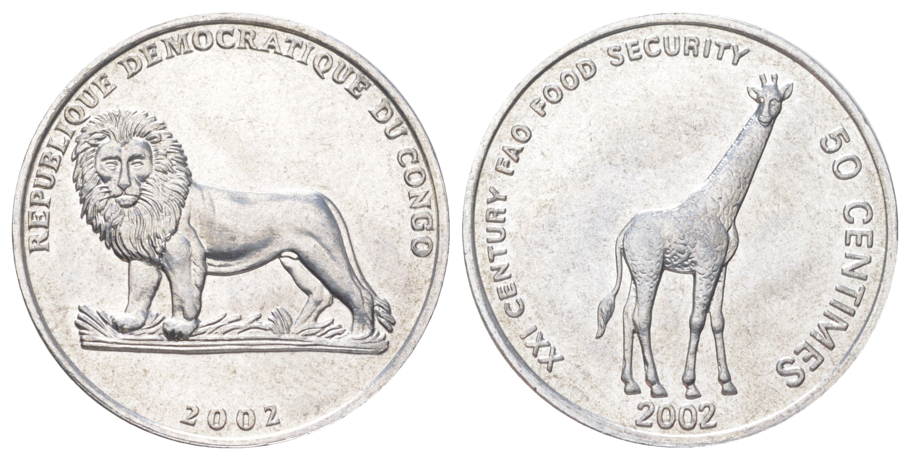 ДР Конго 50 сантимов 2002 Животные - Жираф KM 78 алюминий UNC 4616-956