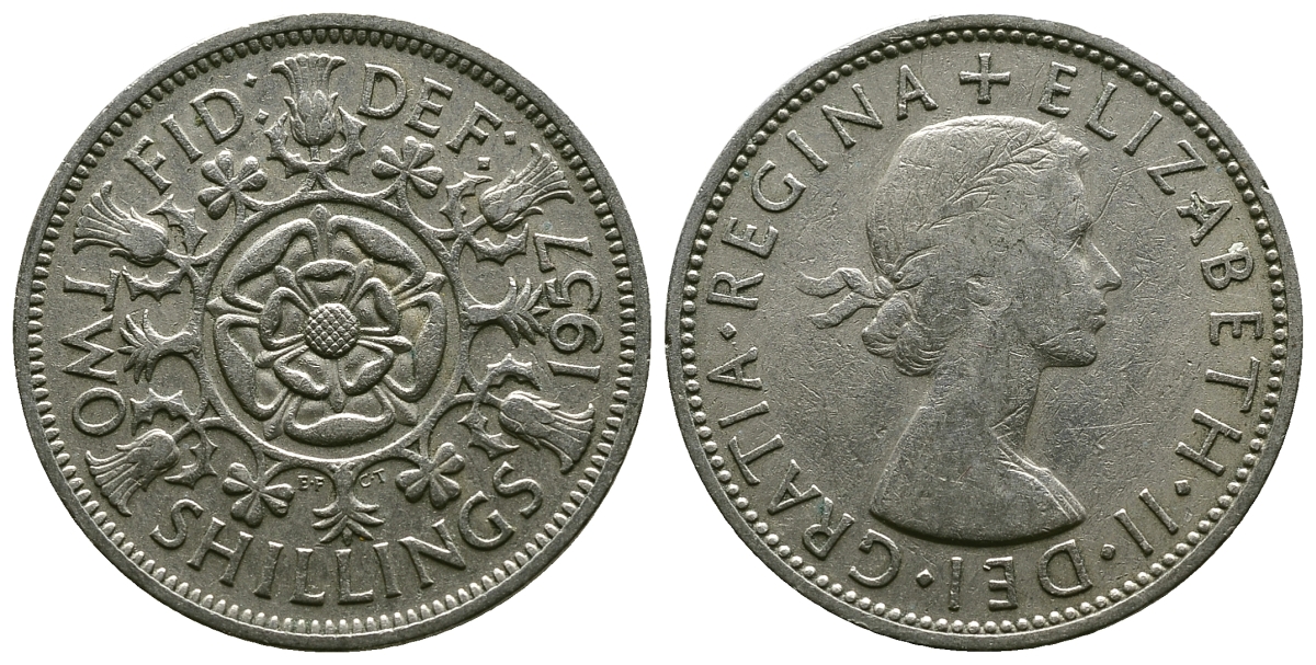 Великобритания 2 шиллинга (флорин) 1957 Елизавета II (1952-2022) KM 906, Spink 4146 медно-никель 4382-134