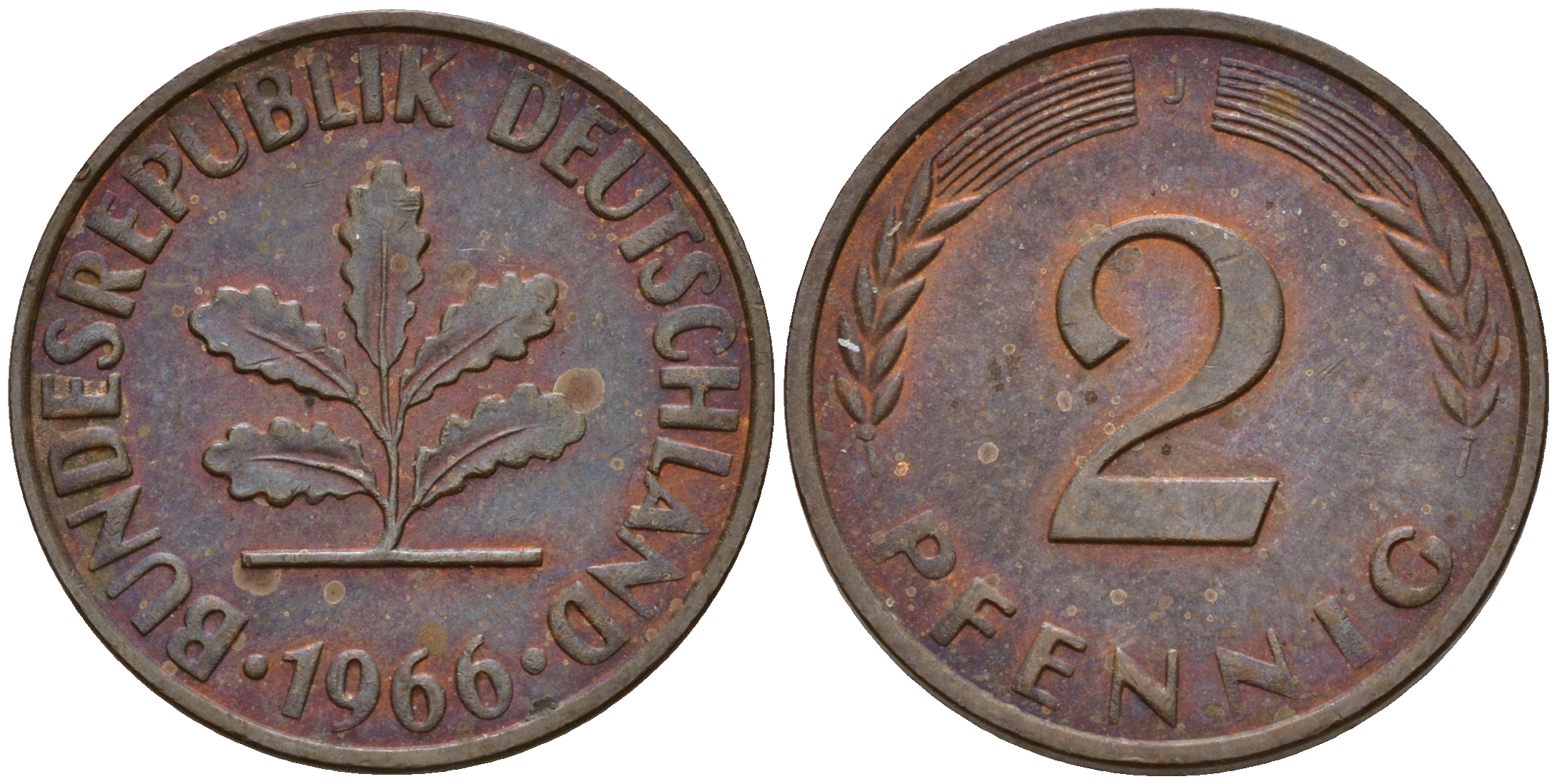ФРГ 2 пфеннига 1966 J J.381  KM 106 бронза    4598-744