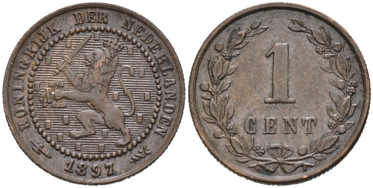 Нидерланды 1 цент 1897 Вильгельмина (1890-1948) KM 107 бронза 4576-627