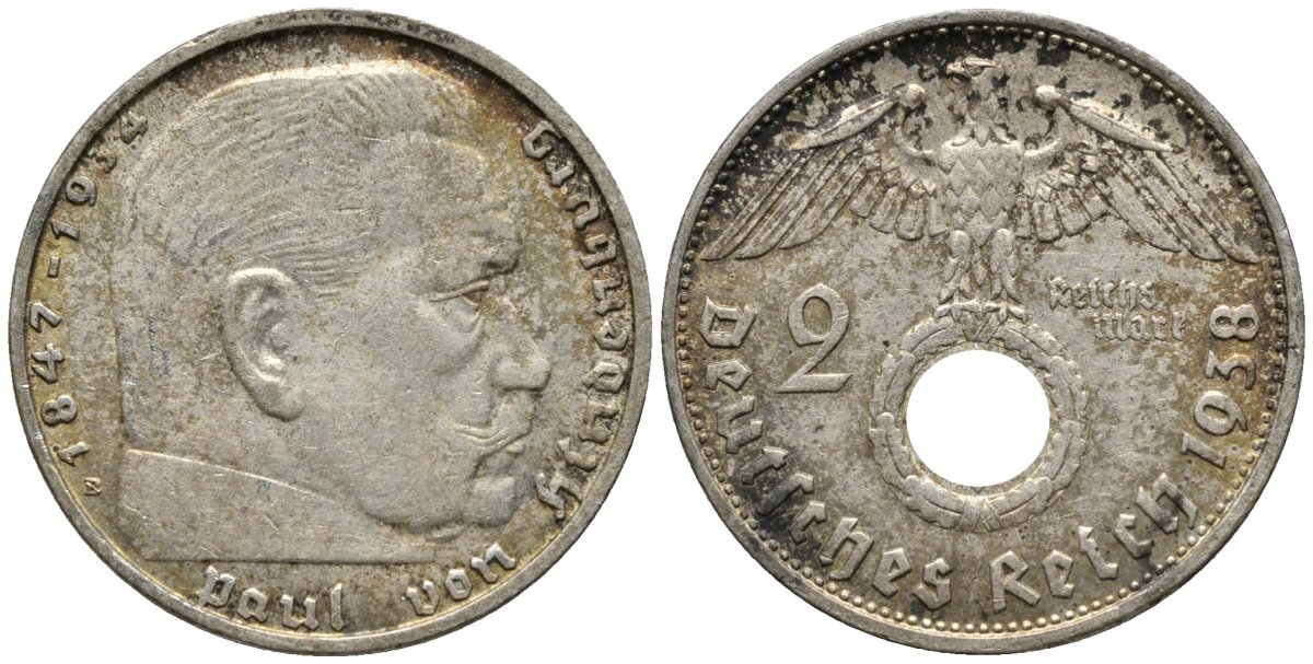 Германия 2 рейхсмарки 1938 В, Гинденбург, символика KM 93, J.366 серебро 4577-526