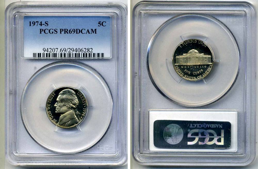 США 5 центов 1974 S, президент Джеферсон, в слабе PCGS PR69CAM KM А192 медно-никель PROOF 15-002-16