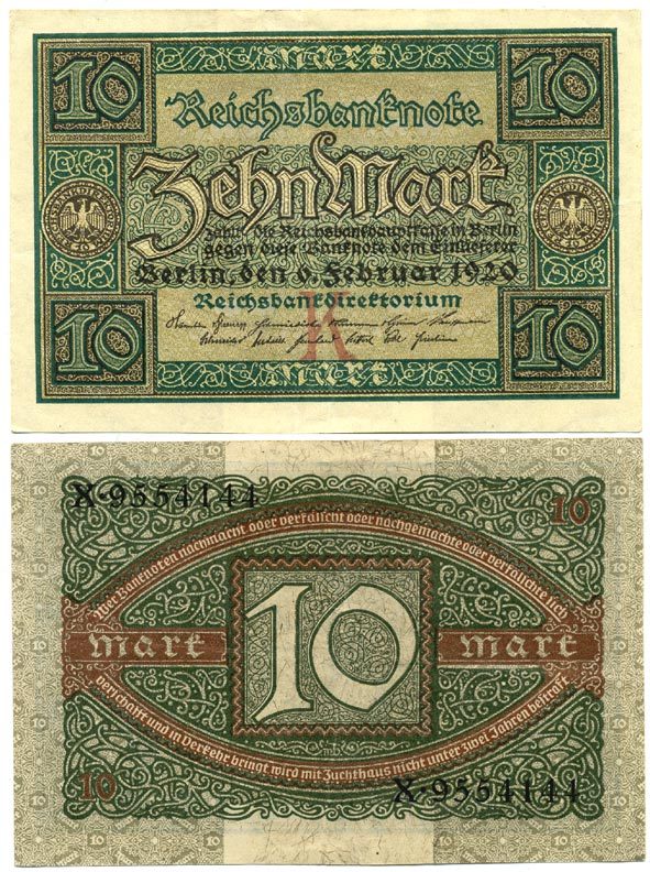 ГЕРМАНИЯ 10 МАРОК 1920 6 ФЕВРАЛЯ 1920, БУКВА K Pick 67a бумага 7547-71-2