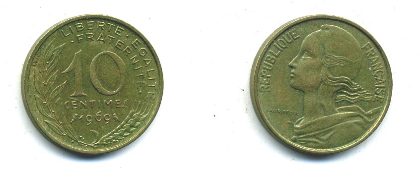 ФРАНЦИЯ 10 САНТИМОВ 1969 ТИП MARIANNE KM 929 медь алюминий никель 84-1615