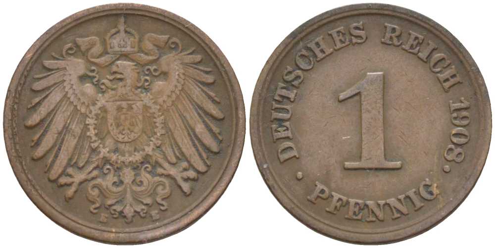 ГЕРМАНИЯ 1 ПФЕННИНГ 1908 Е KM 10, J. 10 медь 201-926
