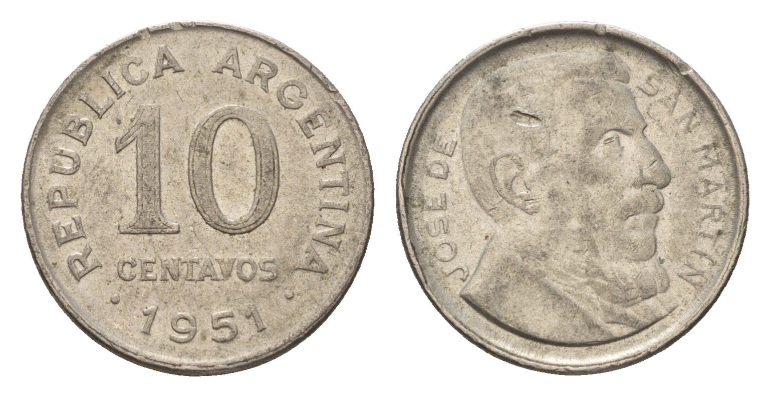 Аргентина 10 сентаво 1951 генерал Хосе де Сан Мартин KM 47 медно-никель 4679-538