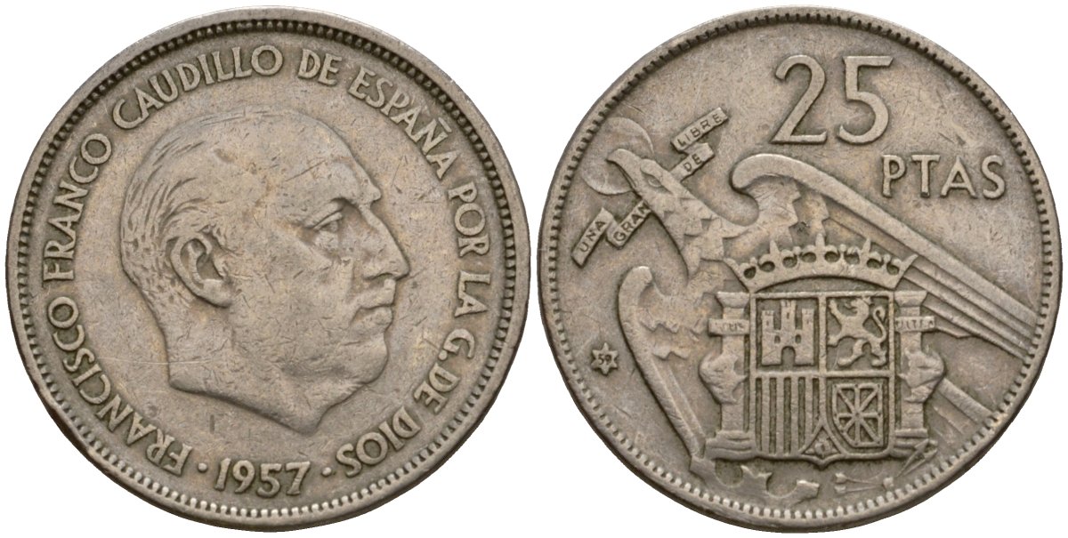 Испания 25 песет 1957 (59) KM 787 медно-никель 92-321