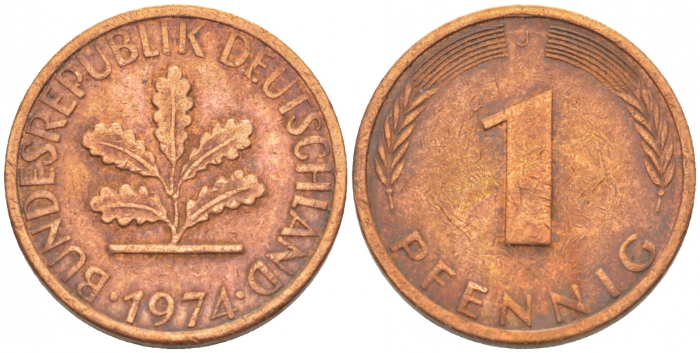 ФРГ 1 ПФЕННИГ 1974 J KM 105, J.380 сталь плакированная медью 4396-1524