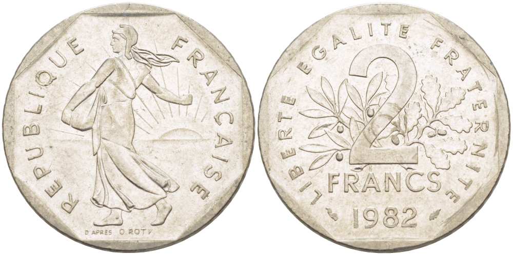 ФРАНЦИЯ 2 ФРАНКА 1982 СЕЯТЕЛЬ KM 242.1, LE FRANC 272.6 никель 217-1117