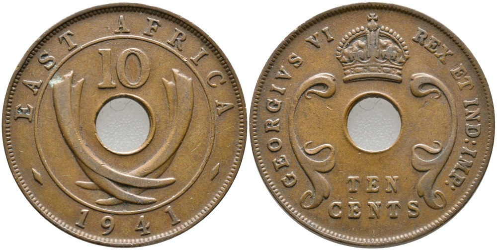 Британская Восточная Африка 10 центов 1941 Георг VI (1936-1952) KM 26.1 бронза 32-112