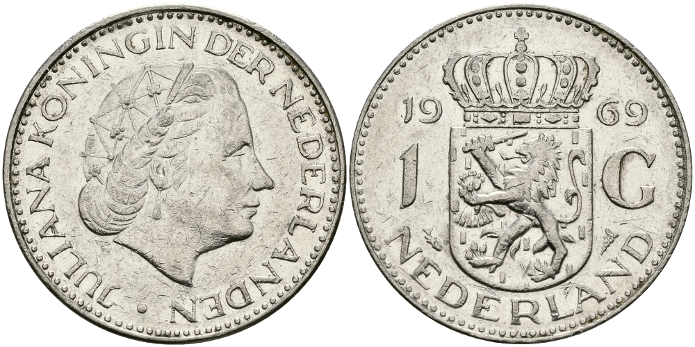 Нидерланды 1 гульден 1969 Юлиана (1948-1980) KM 184а никель 94-622
