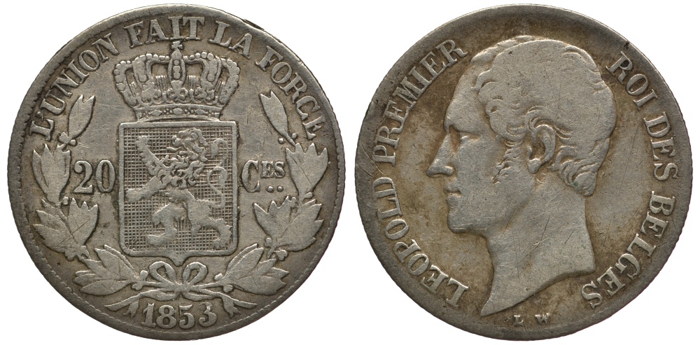 БЕЛЬГИЯ 20 САНТИМОВ 1853 BELGES, W PERIODS KM 19 серебро 3896-925