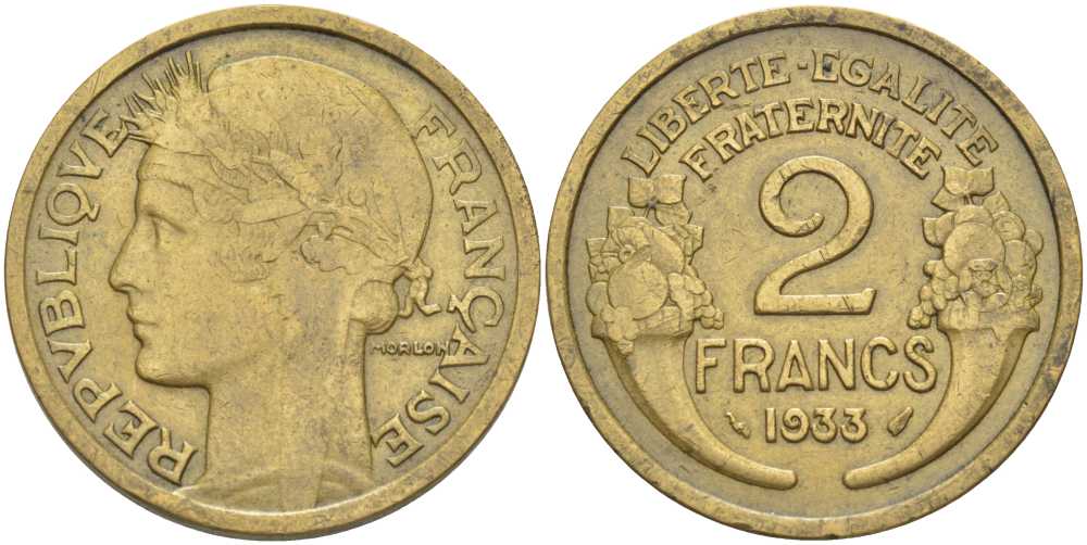 ФРАНЦИЯ 2 ФРАНКА 1933 ТИП MORLON KM 886, LE FRANC 268.5 алюминиевая бронза 180-521