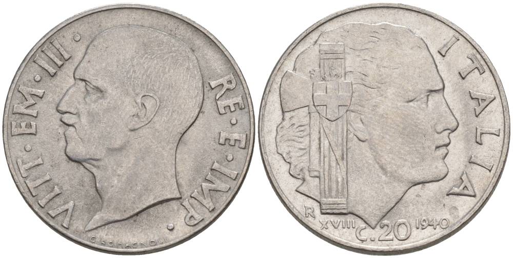 ИТАЛИЯ 20 ЧЕНТЕЗИМО 1940 R, ГОД XVIII, ВИКТОР ЭММАНУИЛ III (1900-1946), МАГНИТНАЯ, ГУРТ РИФЛЁНЫЙ KM 75b, VEM3. 1025 нержавеющая сталь 3853-523