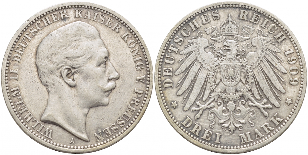 Пруссия 3 марки 1909 Вильгельм II (1888-1918) KM 527, J. 103 серебро    3896-1045