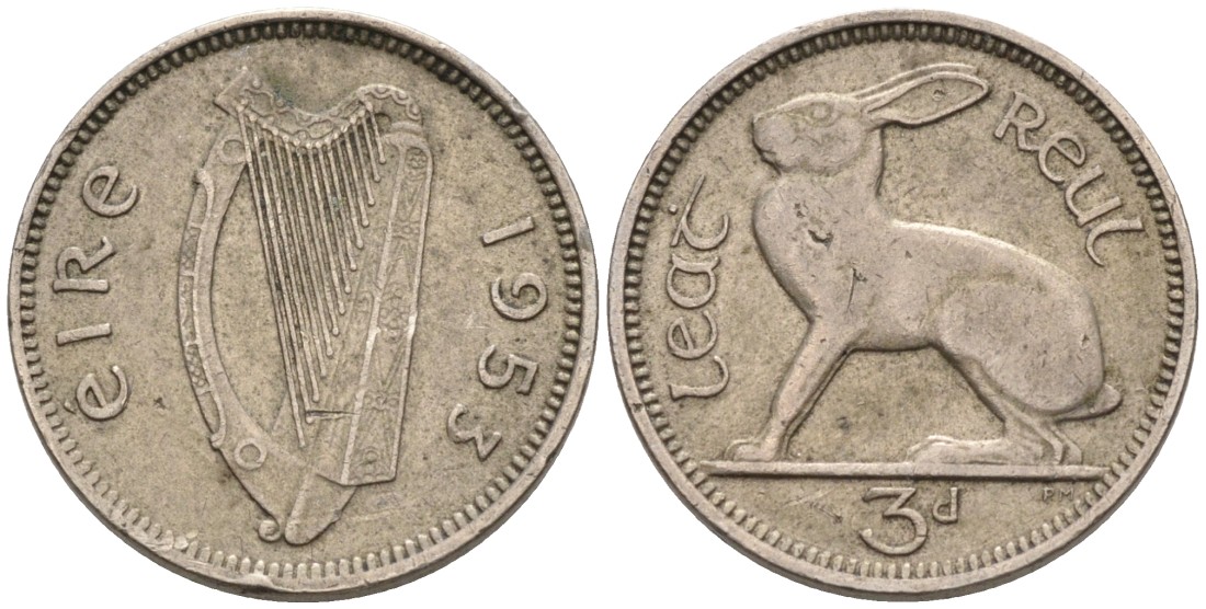 Ирландия 3 пенса 1953 ЗАЯЦ KM 12а медно-никель 92-227