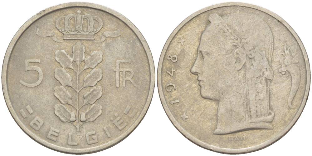 БЕЛЬГИЯ 5 ФРАНКОВ 1948 BELGIE, БОДУЭН I (1951-1993) KM 135.1 медно-никель 4546-256