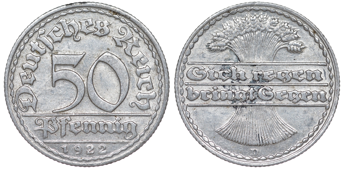 Германия 50 пфеннигов 1922 D KM 27, J. 301 алюминий 4159-1017